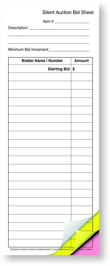 3 Part Triplicate Silent Auction Bid Sheet NARROW. 