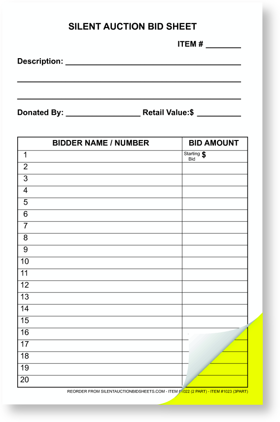 Mid Sized Carbon Copy Silent Auction Bid Sheet 