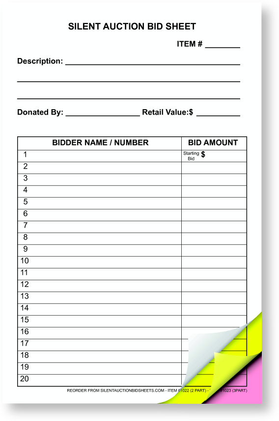 Mid Sized Triplicate Copy Silent Auction Bid Sheet 