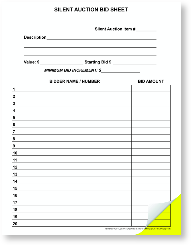 2 Part Letter Size Fundraiser Bid Sheet 