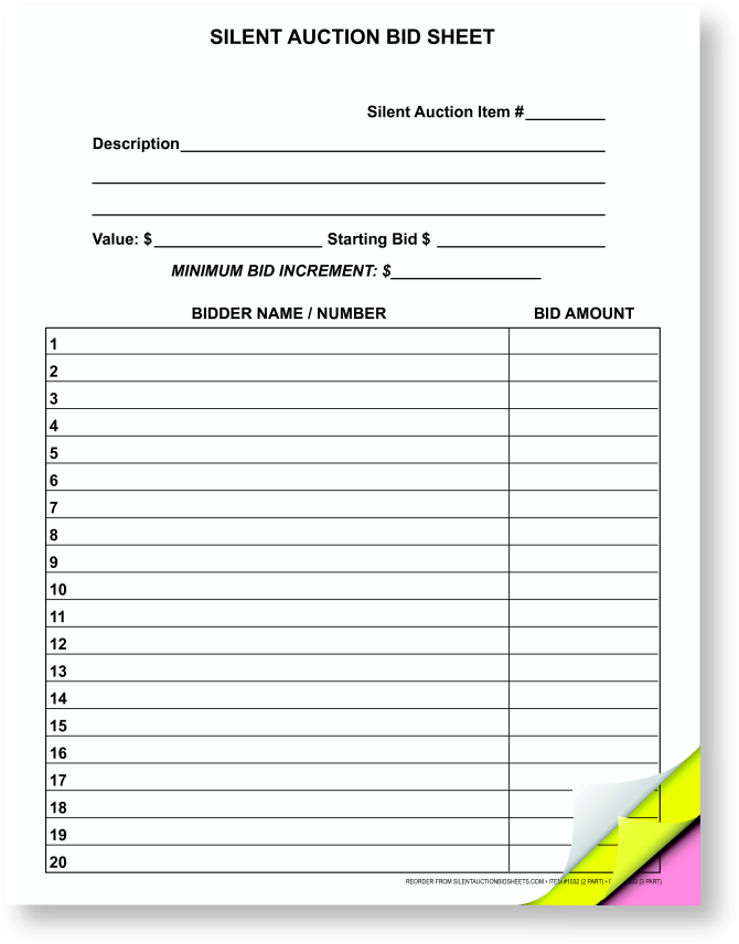 3 Part Letter Size Fundraiser Bid Sheet 