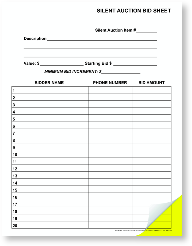 2 Part Carbon Copy Letter Size Name & Phone Number Bid Sheet 