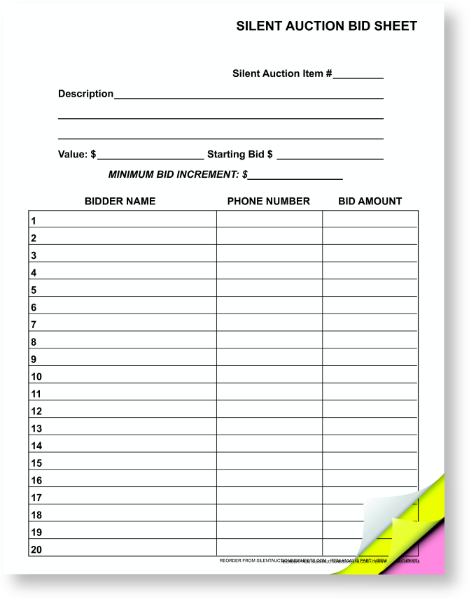 3 Part Triplicate Letter Size Name & Phone Number Bid Sheet 