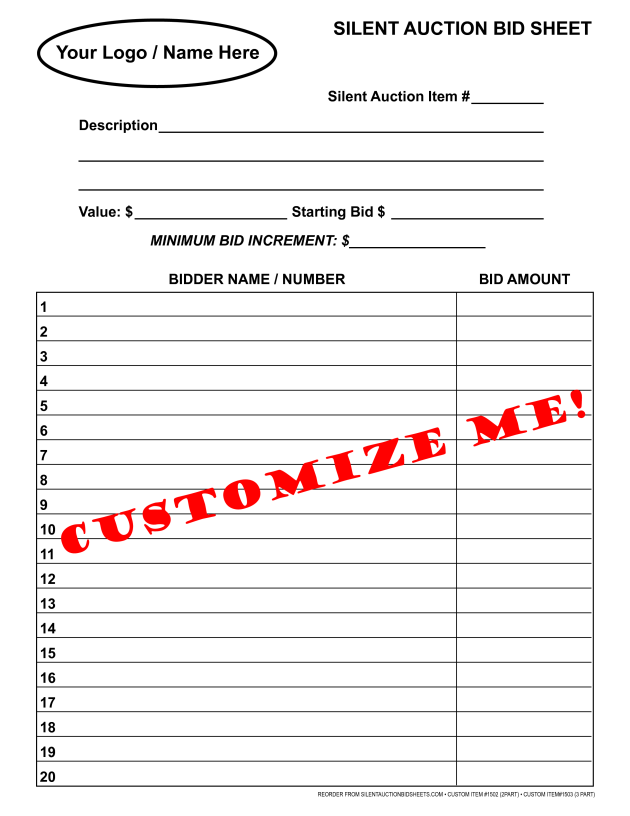 Duplicate CUSTOMIZABLE Letter Size Silent Auction Bid Sheet 