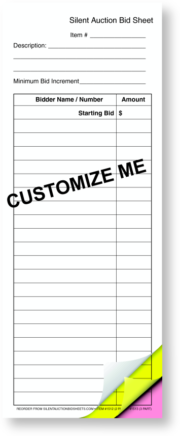 3 Part  CUSTOMIZABLE Triplicate Silent Auction Bid Sheet NARROW. 