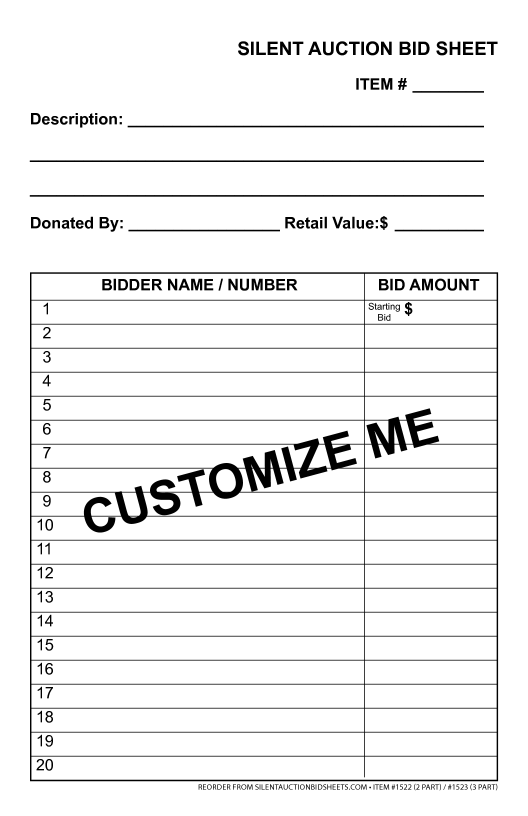 Mid Sized Customizable Carbon Copy Silent Auction Bid Sheet 