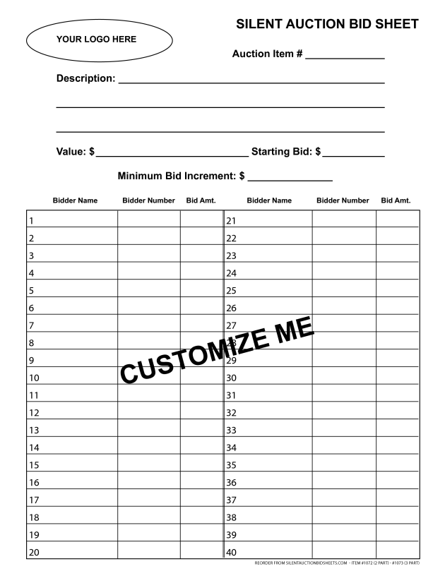 Duplicate Letter Sized Customizable Silent Auction Bid Sheet with 40 Lines 